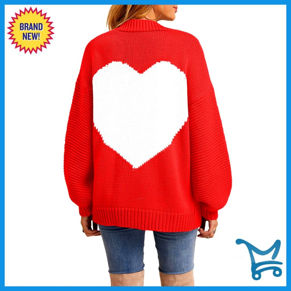 Oversized Chunky Knit Cardigan Long Sleeve Open Front Heart Patch Sweater